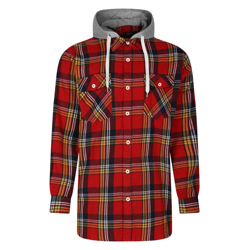 Pepper red checked hooded flannel shirt, flat front view.